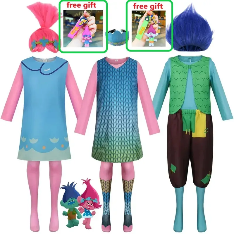 L2025l nuevo Cosplay Anime niños Trolls rama disfraz niñas Trolls Poppy Cosplay peluca vestidos disfraz de Halloween para niños Purim Carn