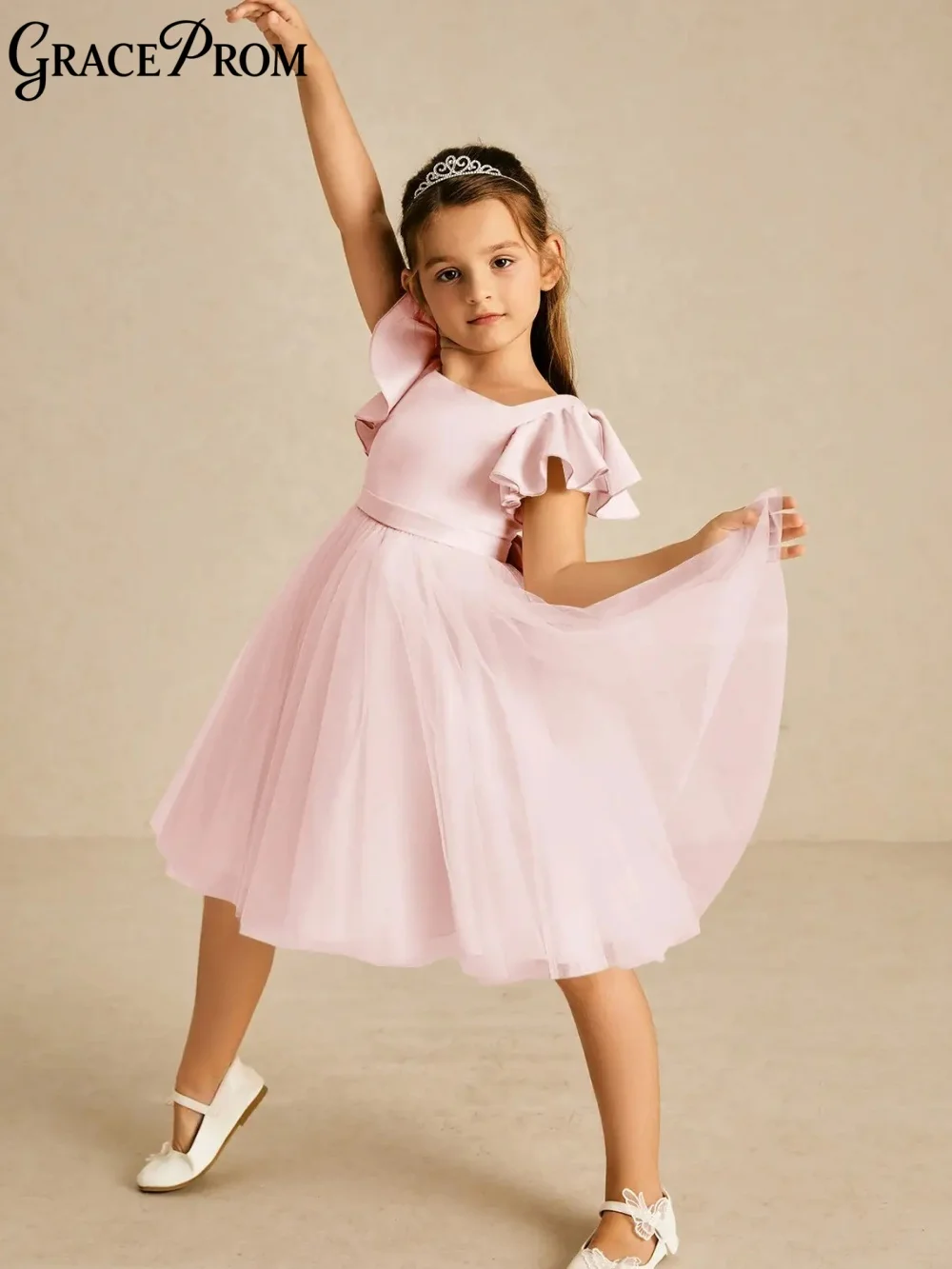 رومانسية رفرفة كم حلقة فتاة فستان فتاة عرض مسرحي فستان الزفاف فتاة الأميرة فستان موضة ألف خط الشيفون الطابق طول #4