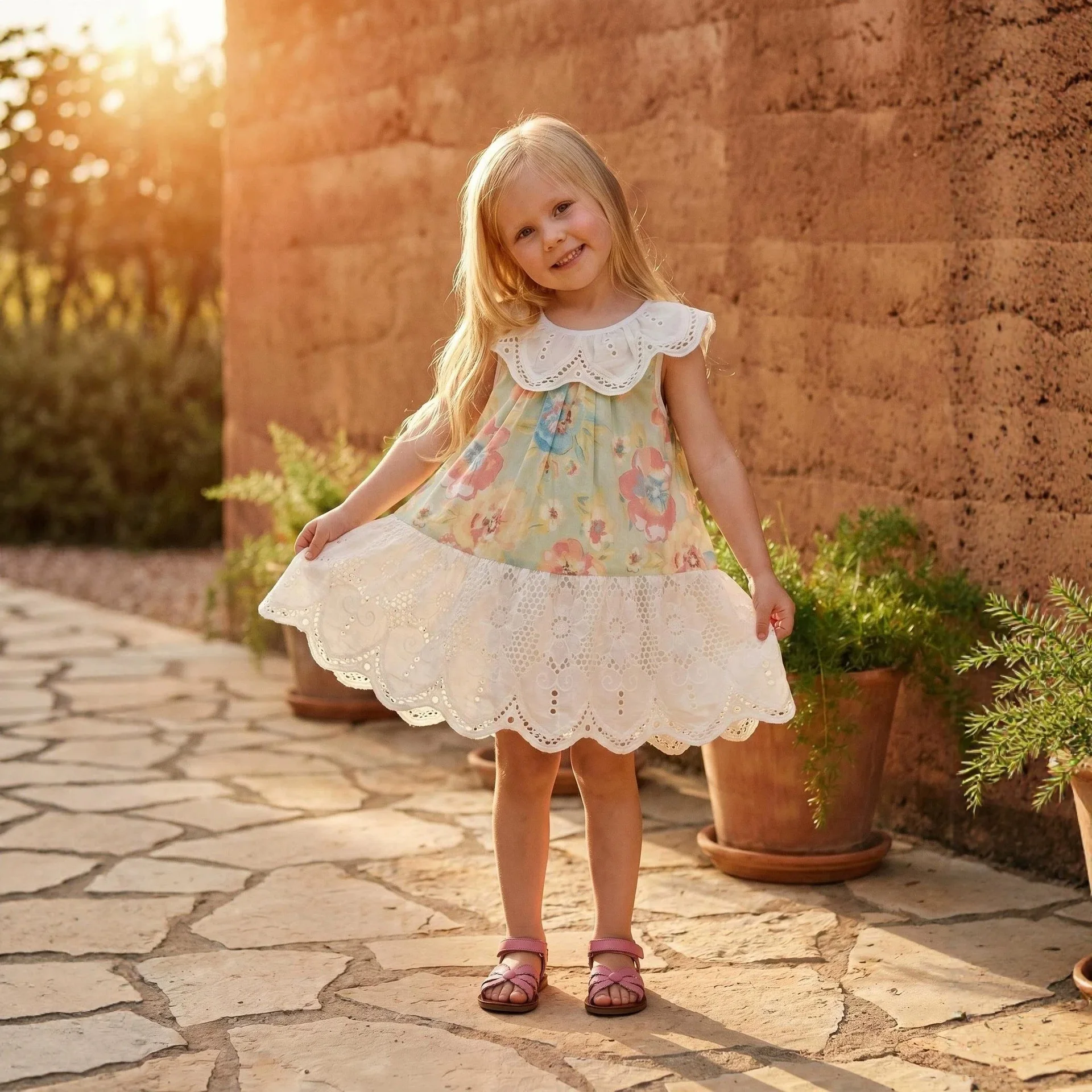 Ready to ship! Children's dress 2026 summer pastoral style girl hollow-out flower scalloped edge princess dress