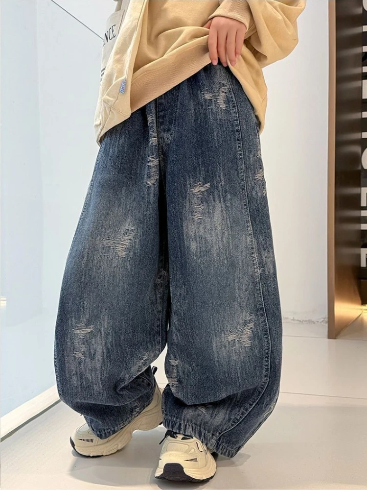 2026 New Boys Jeans Spring Autumn Casual Straight Wide Leg Pants for Big Kids Children Trousers Fashion Denim Bottoms