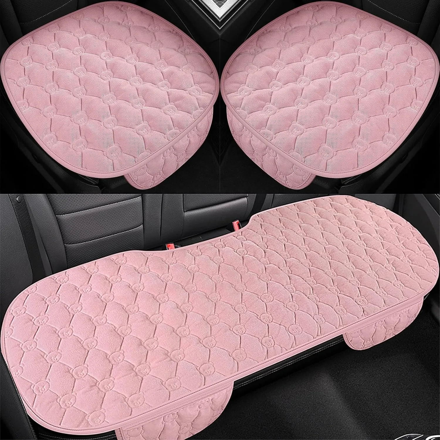 2PCs Car Seat Cushion Winter Plush Tie-free Non-slip Warm Monolithic Seat Cushion Car Interior Accessories Pink