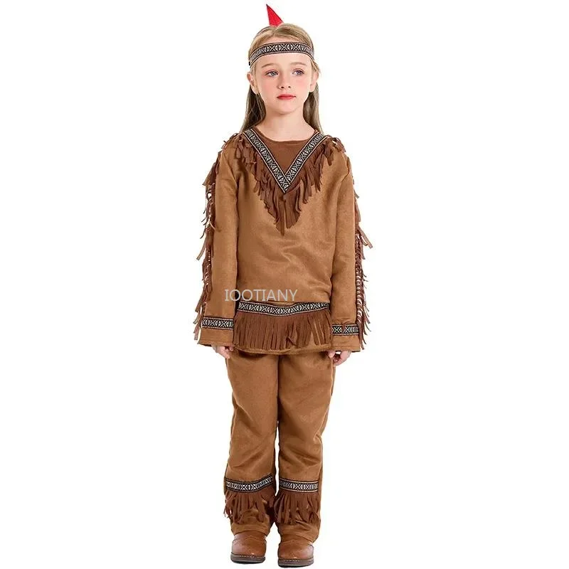 

Cosplay2024 Girls Boys Wild Man Halloween Cosplay Costume Indians Carnival Party Hunter Role Play Outfit Kids Unisex Fancy Dress