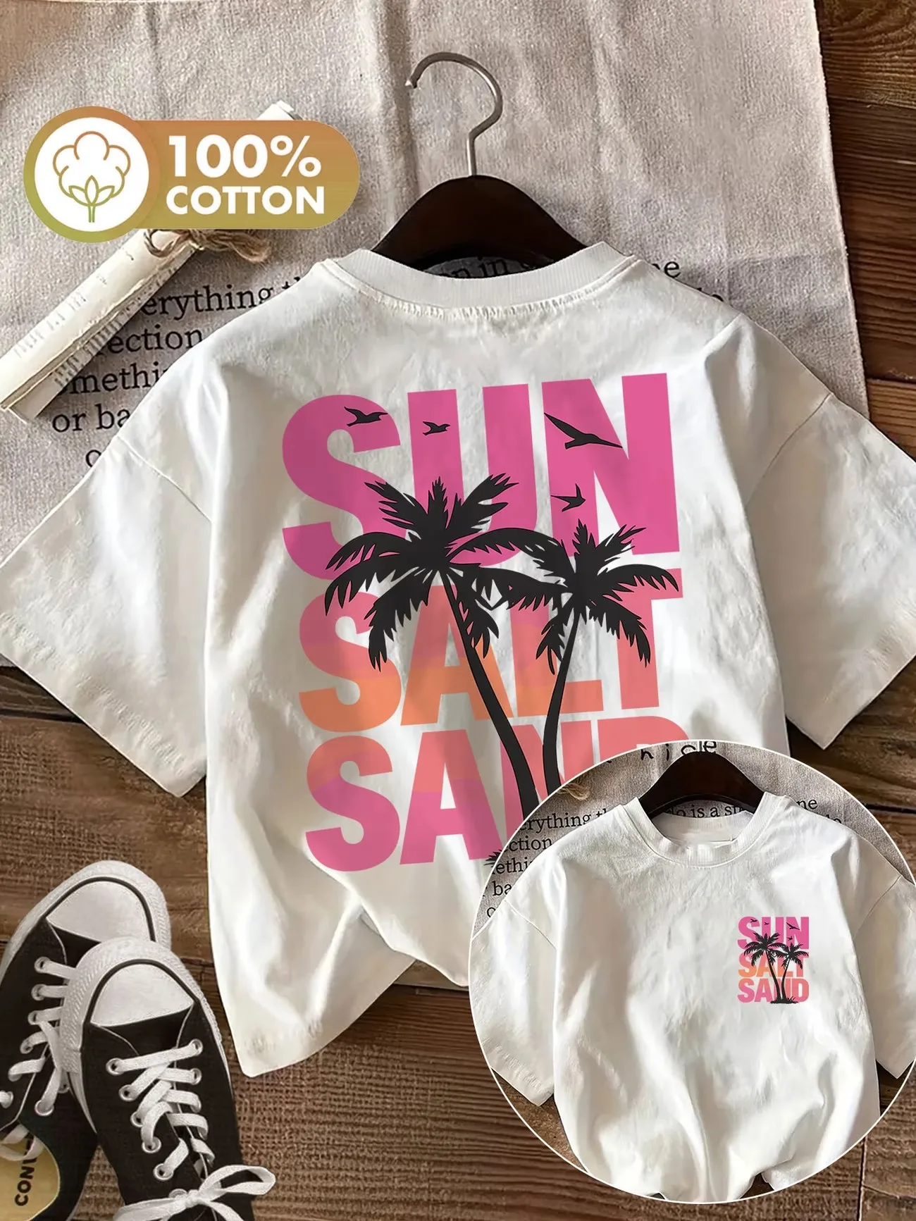 Sun Salt Sand Tree Beach Damen-T-Shirt aus 100 % Baumwolle mit Grafik, weiches, kurzärmliges Oberteil mit Rundhalsausschnitt, übergroßes T-Shirt