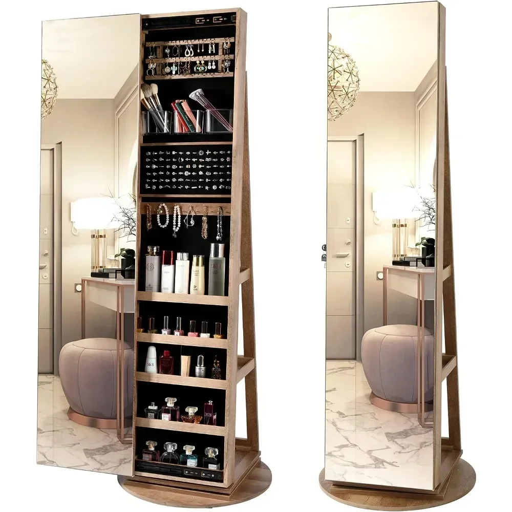 360° Swivel Jewelry Cabinet with Full Length Mirror, Lockable Mirror with Jewelry Storage, Floor Standing, Rear Storage Shelves