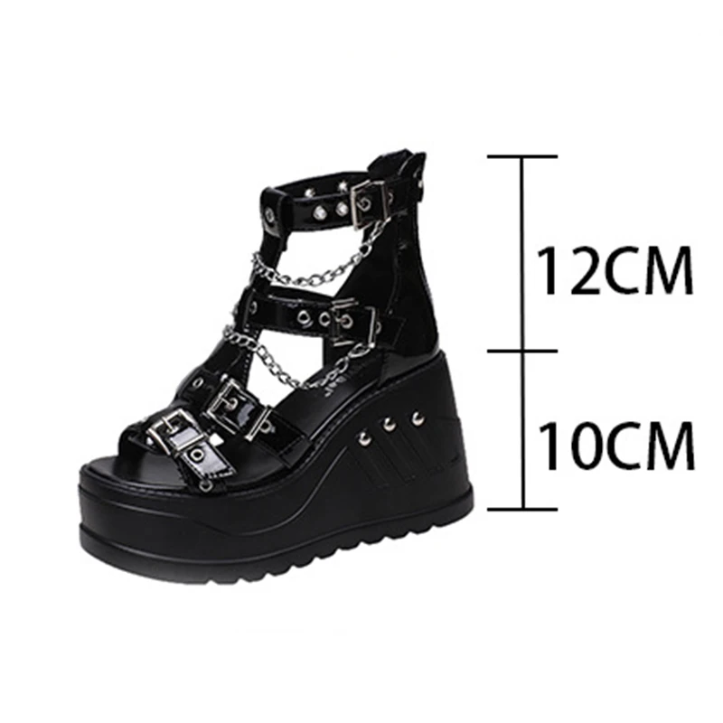 Women Wedges Sandals High Heel Gothic Punk Comfy Walking Back Zip Chains Fashionable Summer Platform Sandals Heels Ladies shoes