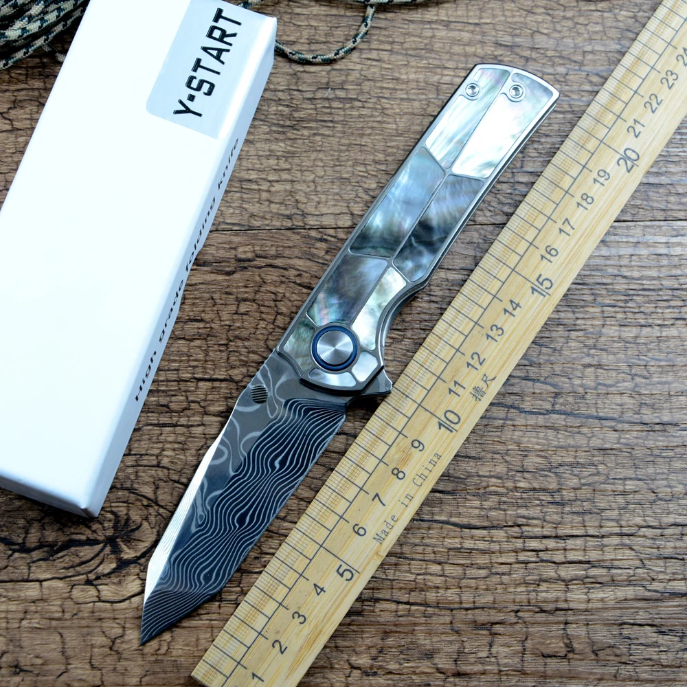 

Y-START Folding Knife Damascus Blade TC4 Titanium inlay Clamshell Handle for Outdoor Hunting Survival YF01