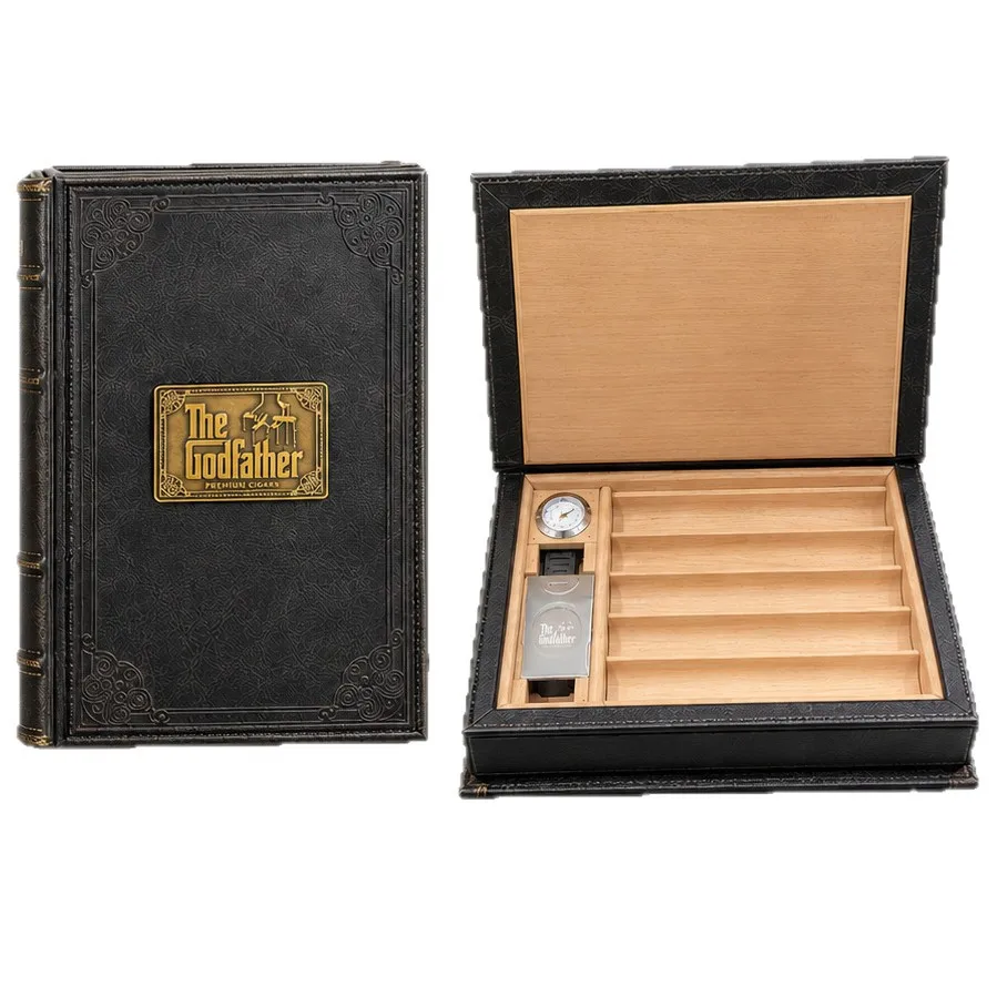 Book-type Cigar Humidor PU Leather 5Pcs Capacity Cedar Wood Lining with Cigar Cutter Hygrometer Portable Cigar Case Travel Box