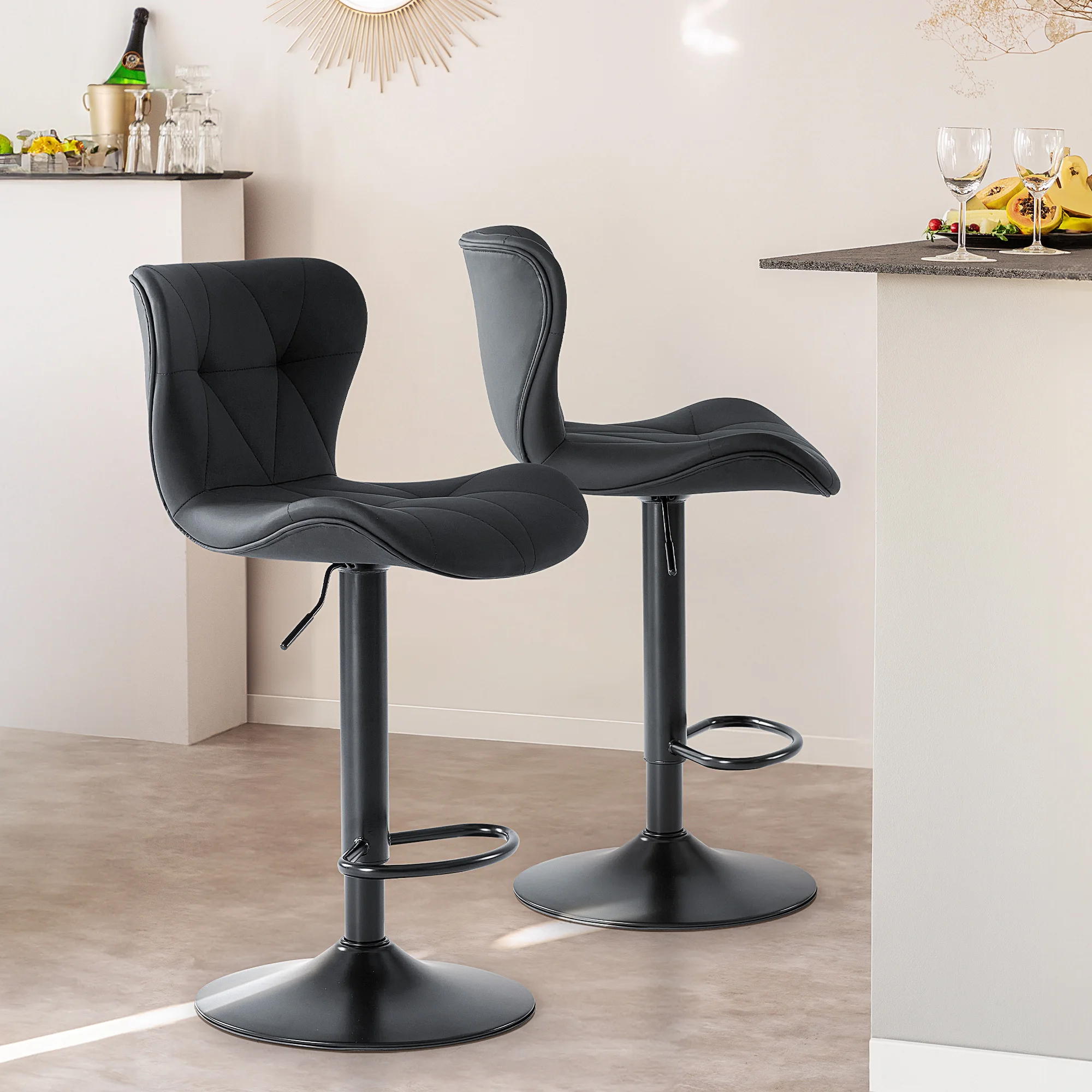 MCQ Counter Height Bar Stool Set of 2 PU Leather Adjustable 360 Swivel Modern Barstool Upholstered Armless Bar Chair Metal Base for Kitchen Island Dining Living Room