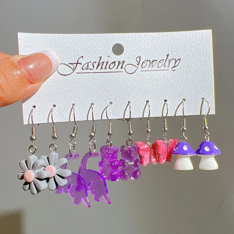 Cartoon Colorful Acrylic Earring Set For Women Girls Sweet Cool Geometric Animal Fruit Dopamine Earrings 10pcs/Set Funny Jewelry