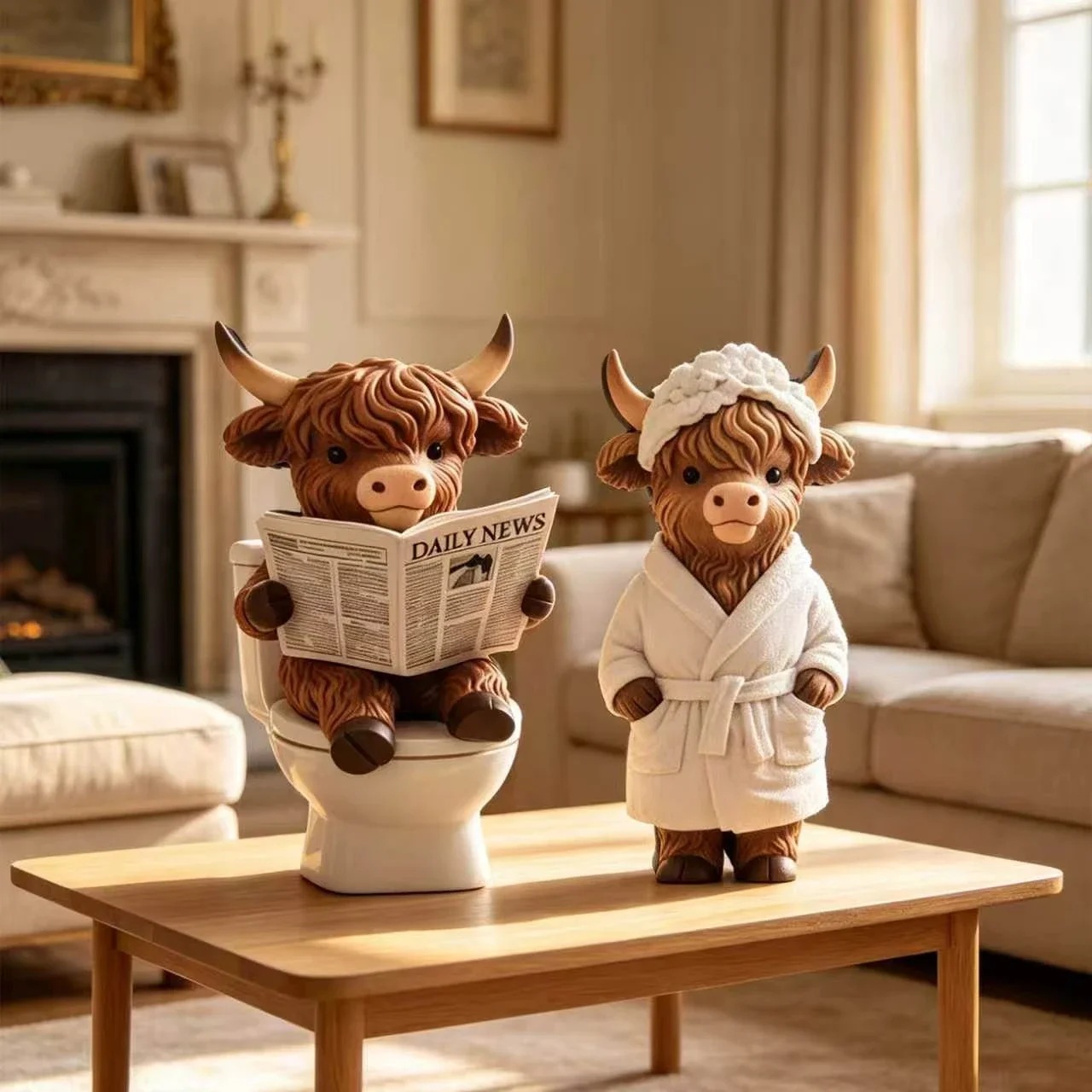 Cute Scottish Highland Cow Resin Figurines Funny Bathing & Reading Cow Statue Desk Decor for Home Bathroom Office Holiday Gift