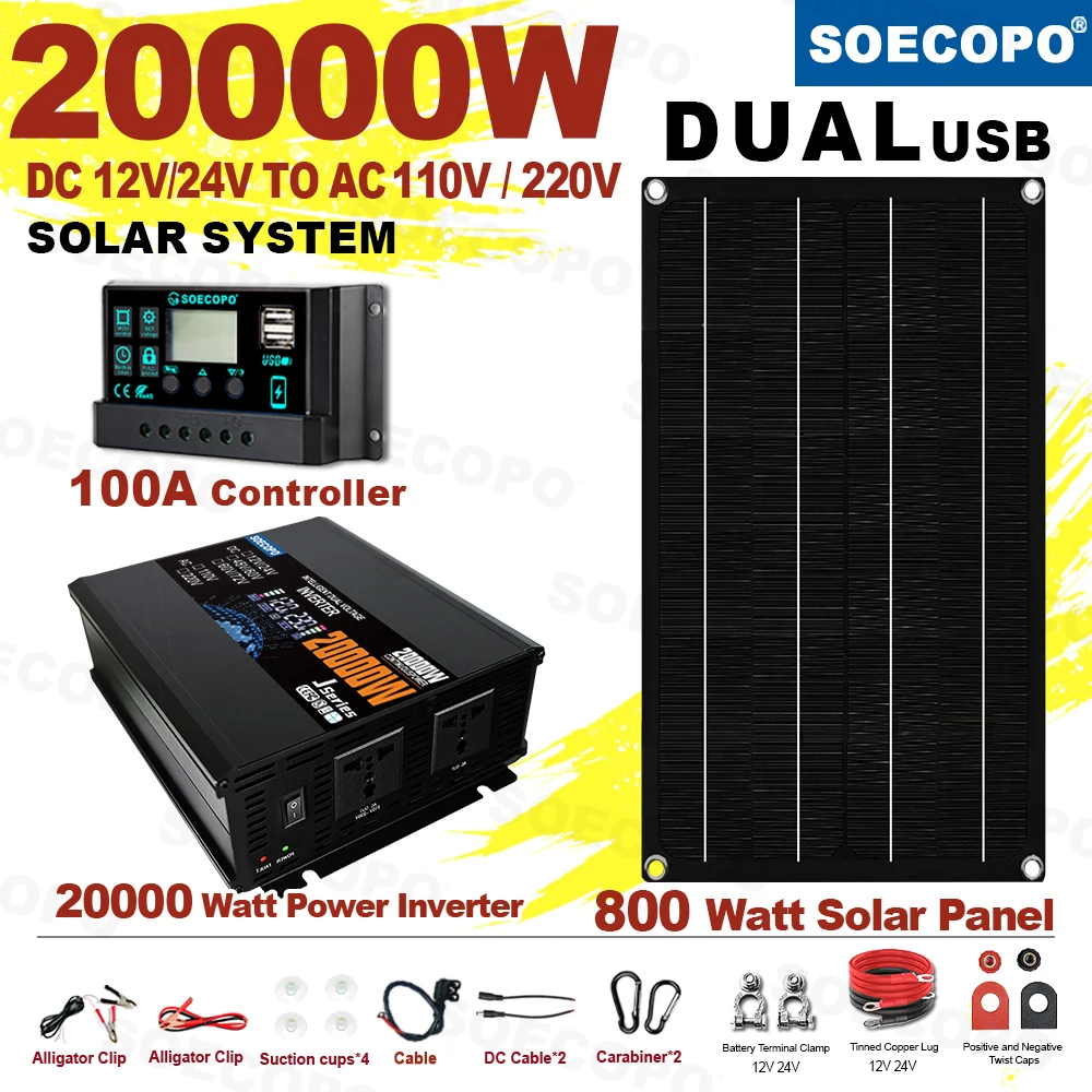 

SOECOPO 20000W Solar System Kit 800W Panel 100A Controller Intelligent Dual Voltage Inverter DC 12V 24V to AC 110V 220V for Home