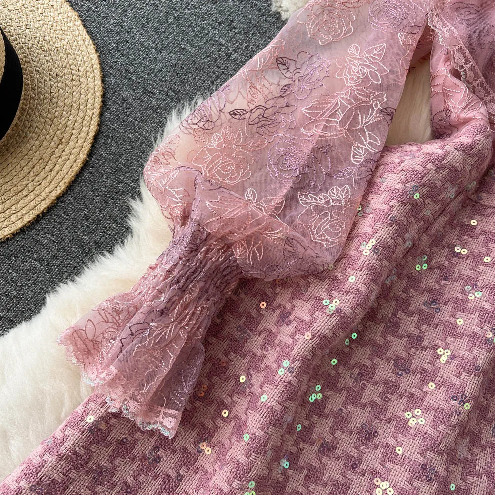 Runway Embroidery Sequins Tweed Dress Women's Ruffled Beaded Lantern Sleeve Pink Lace Patchwork Slim Vintage Dress Vestidos