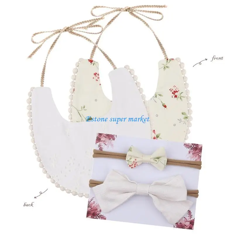 

090B Baby Double Side Bib Bowknot Hair Band Set Feeding Drool Saliva Towel Headband