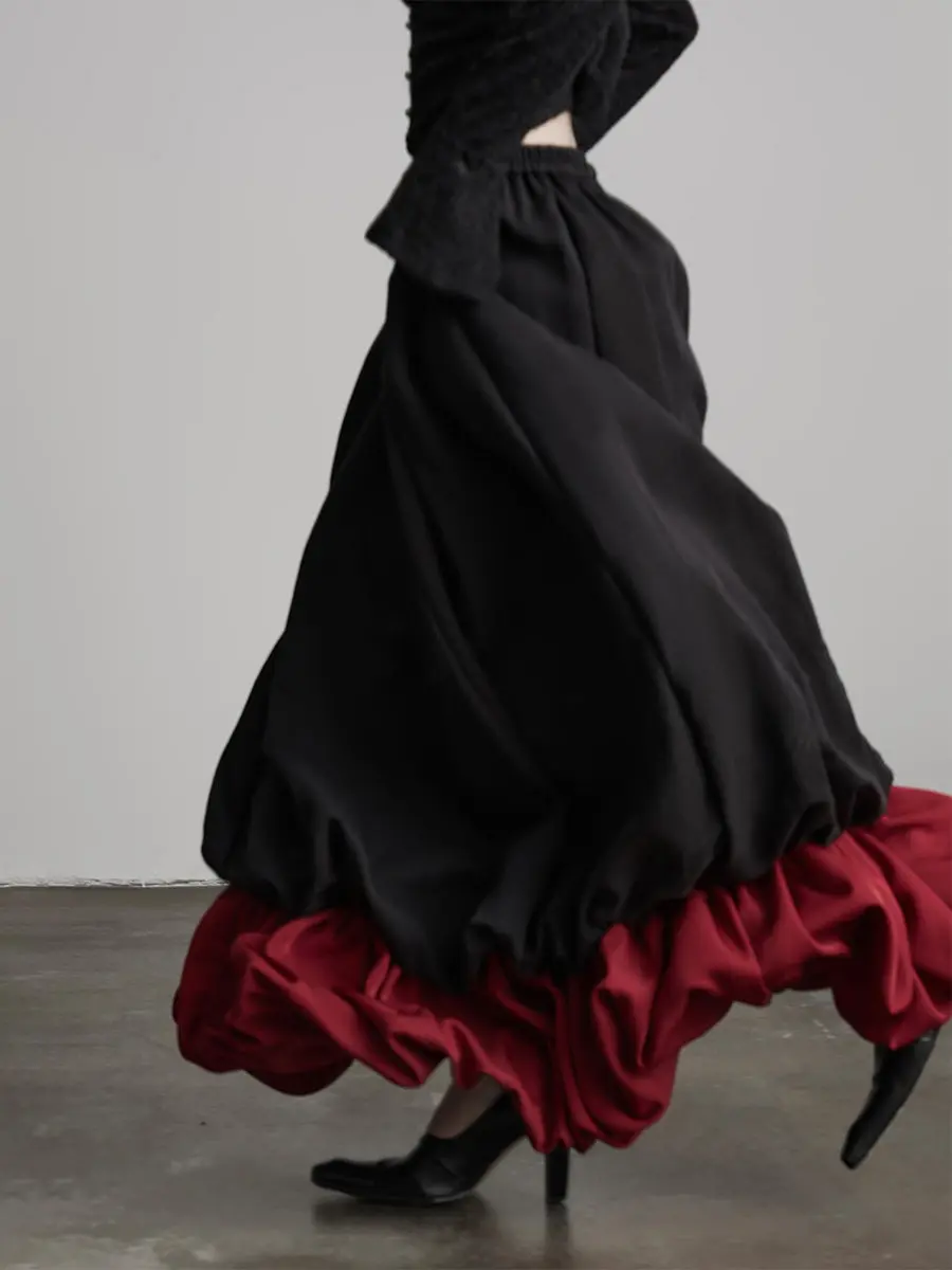 64-68cm Elastic Waist Autumn Winter Long Skirt Women Vintage Elegant Black and Red Color-Block All-Match A-Line Tulip Maxi Skirt