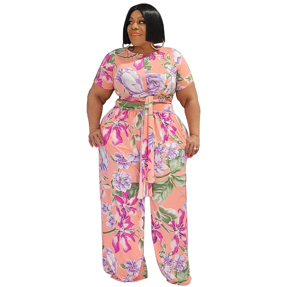 XL-4XL Plus Size Pant Suits 2022 Summer Women Clothing Printing Straps Short Sleeve Crew Neck Casual Two Piece Sets Wholesale