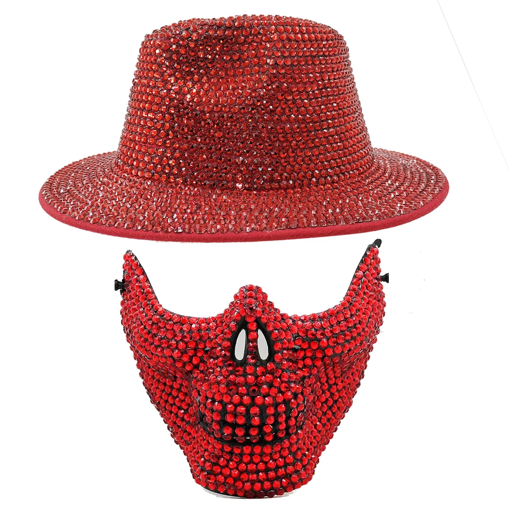 Stage Cap Rhinestone Mask and Fedoras Jazz Hat Set for Men and Women\'s Hats Red Paired with Black Diamond Fedoras Banquet Hats