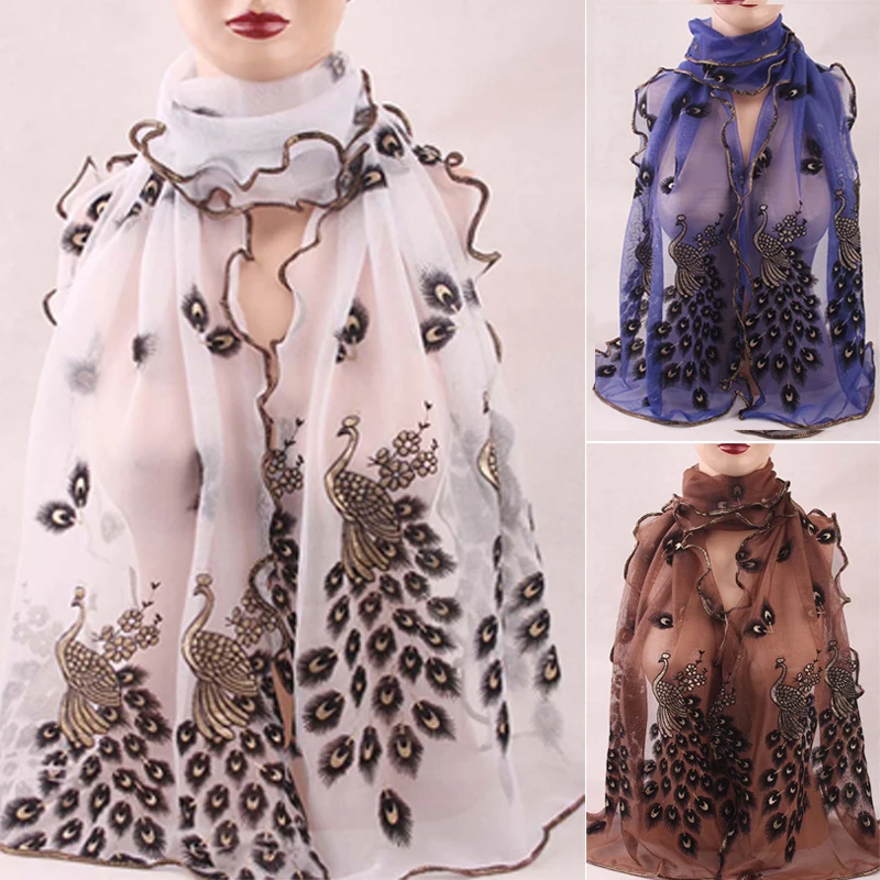 1PCS 190*40CM Women Lady\'s Silk Scarves Shawl Stole Peacock Scarf Transparent Long Fashion Chiffon Soft Wrap