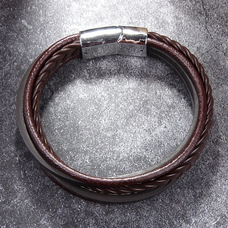 20cm Length Men Leather Rope Braided Bracelet Hot Sales Alloy Magnetic Buckle Bracelets Bangles Female Party Jewelry