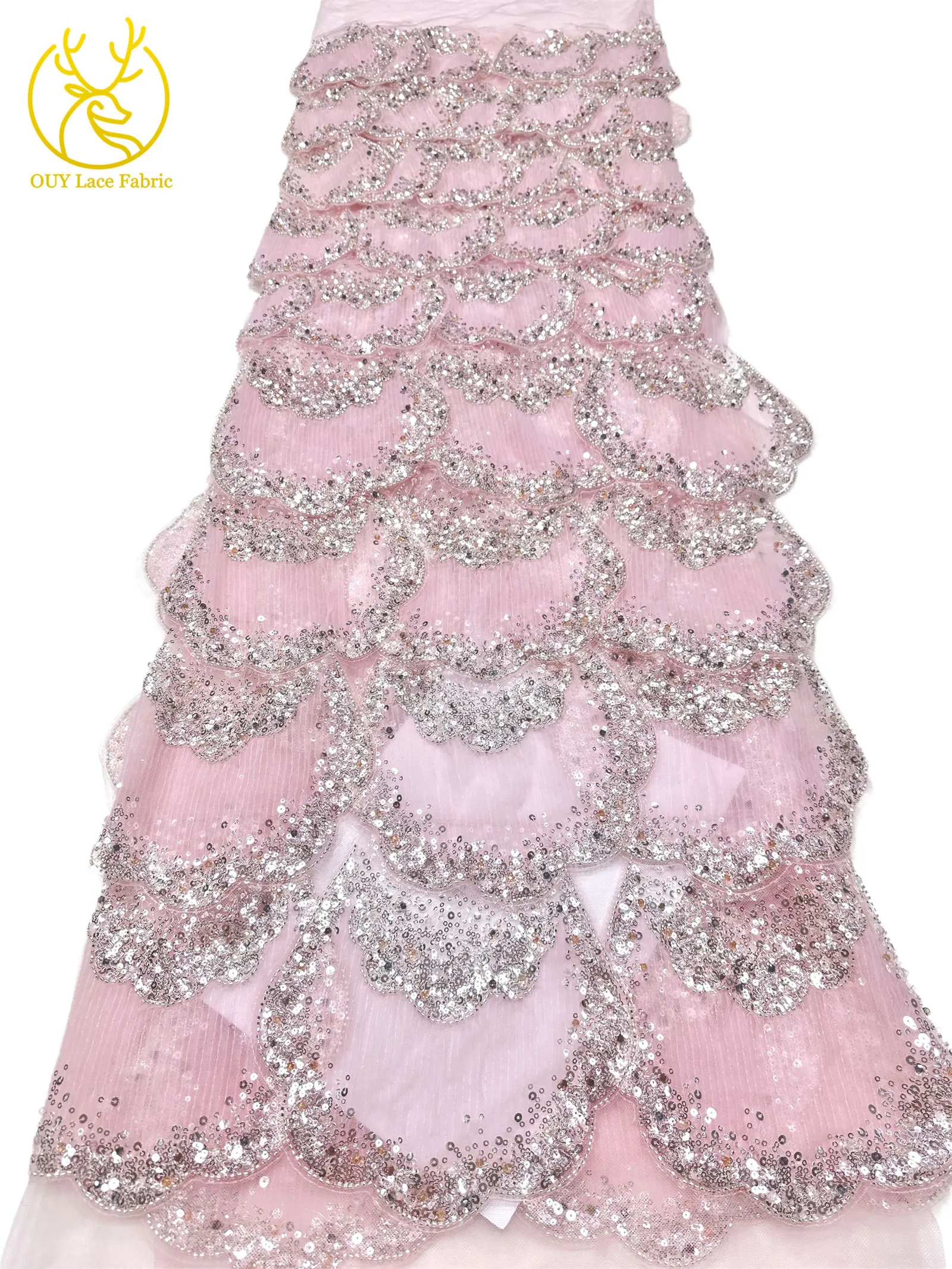 3D-Stickerei mit Pailletten und Perlen, marineblaue afrikanische Spitze, französischer Tüll, Netzspitze für Braut, Hochzeit, DIY, handgemachtes Nähen – Detail 20