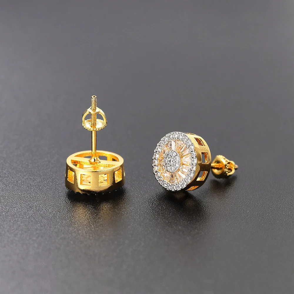 Round Crystal Stud Earrings for Women Gold Color Cubic Zirconia Hip Hop Earring Mens Jewelry Bulk Items Wholesale Lots OHE123