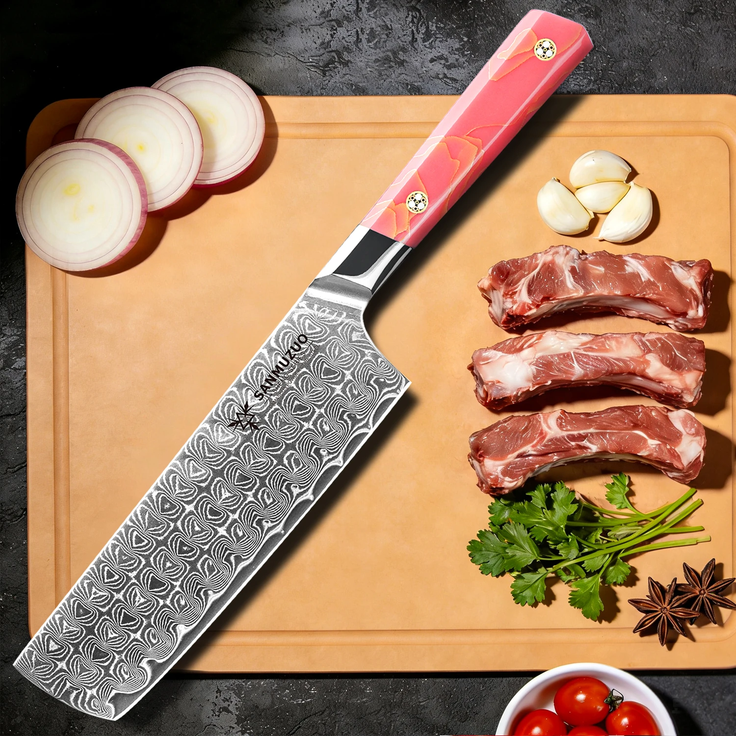 SANMUZUO 7 Inch Nakiri Cleaver Knife -101 Layer Damascus Powder Steel Core Ultra Sharp Kitchen Knife -Resin Handle -SHENG Series