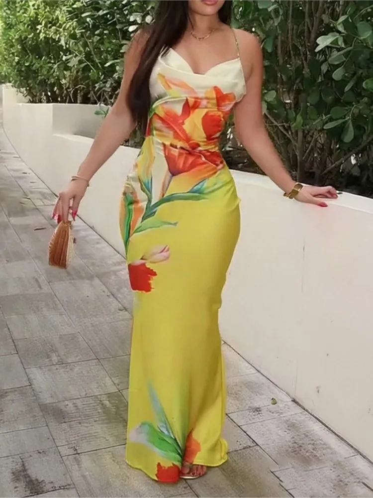 Été couverture Ups femmes maillot de bain Spaghetti sangle Robes maillot de bain 2026 nouvelle fleur impression plage vacances Maxi Robes couverture
