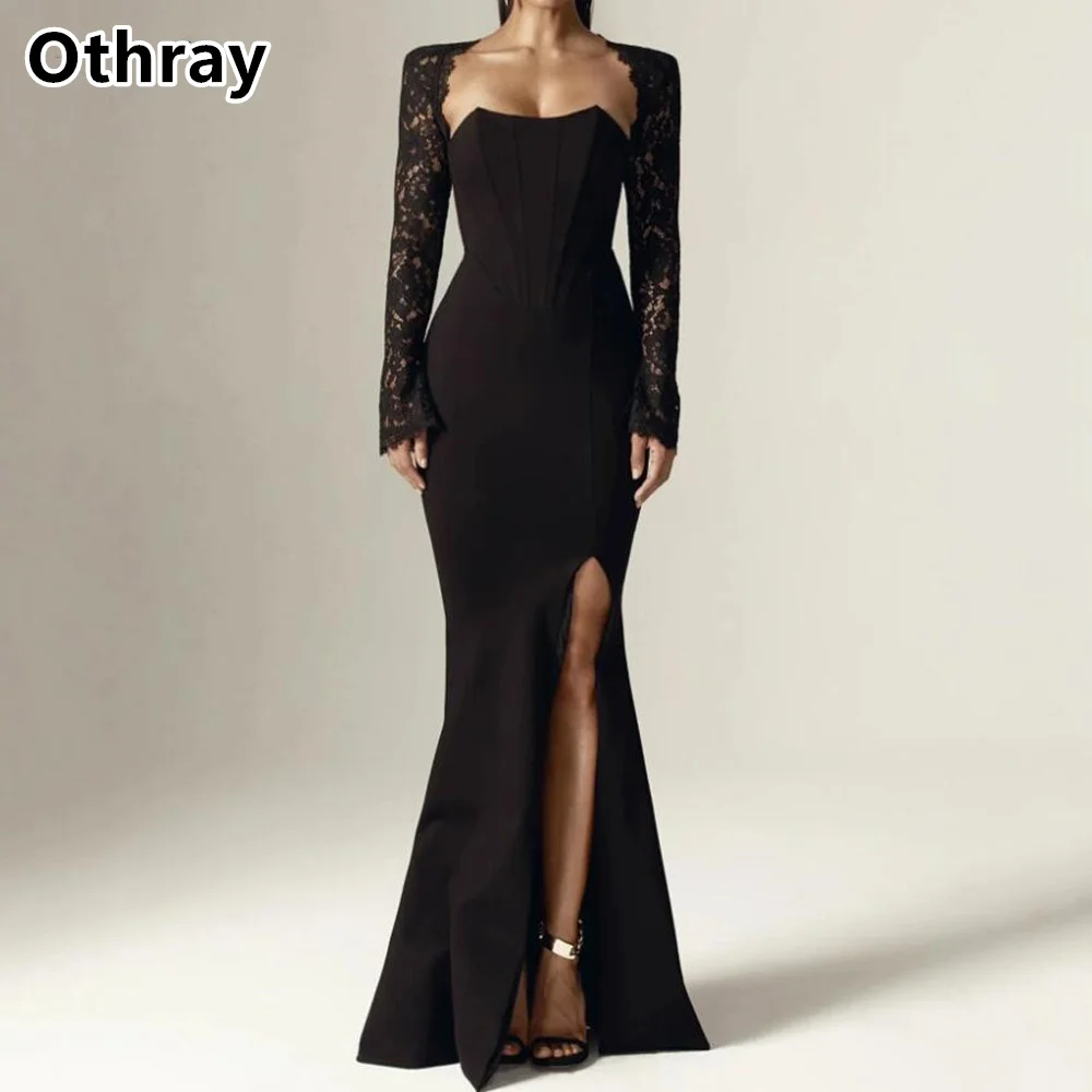 

Othray Elegant Black Evening Dresses Lace Long Sleeves Jacket Mermaid Satin Formal Night Party Gowns Met Gala 2025