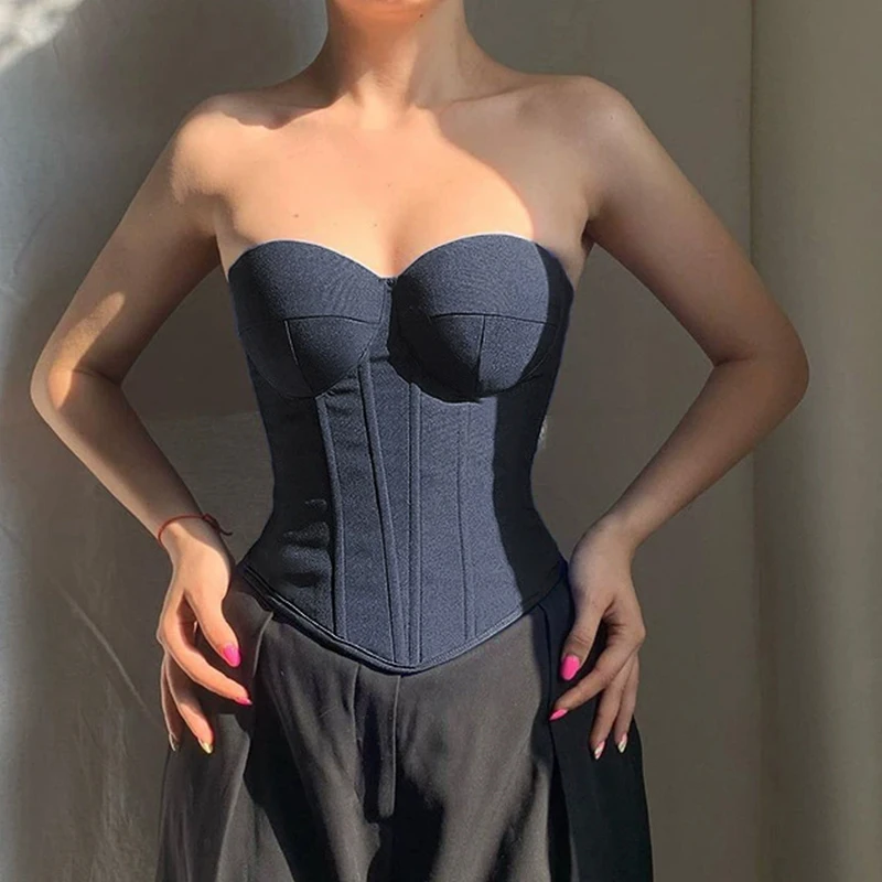 Koreanische Ins Sommer Neue Sexy Spice Girl Weste Eingewickelt Brust Off Back Off Schulter Taille frauen Kleidung Einfarbig Fishbone tops