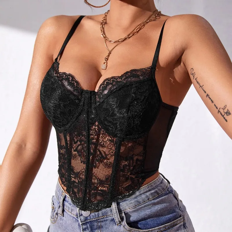 

2024 Fashion Women Lace Crop Cami Tops Sleeveless Spaghetti Strap Solid Color Corset Camisole Sexy Lace Steel Ring Corset Mujer