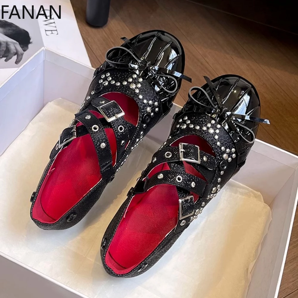 Original Design Girl Shallow Mouth Ballet Shoes Heels Pumps Punk Rivet Bow Mary Jane Shoes Summer French Flat Shoe Women