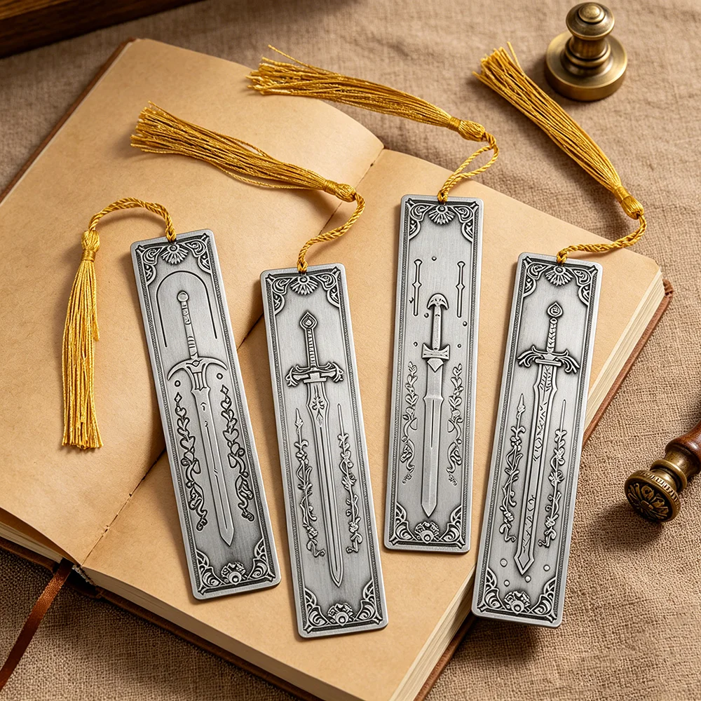 4 Pack Bookmarks Engraved Metal Sword Themed Markers for Tolkien Fans Vintage Reading Accessories Movie Fan Collection Merch