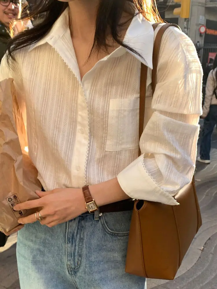 

Женская блузка Ele Long Sve с шикарным кружевным пэчворком, универсальный качественный топ для повседневной носки, свободный крой, тонкий материал.