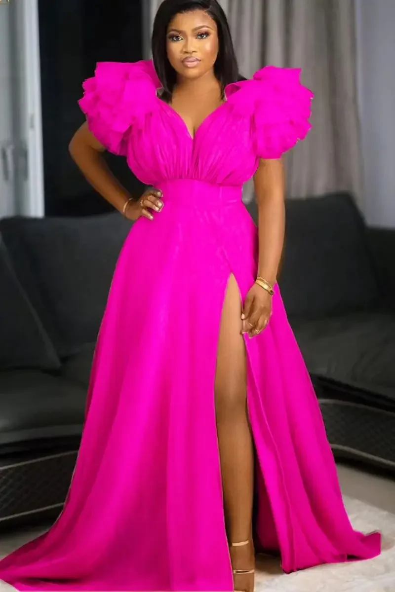 2024 New Arrival Famous Brand Dress Solid V-neck Puff Sleeve Sexy Night Party Maxi Dress Vestidos