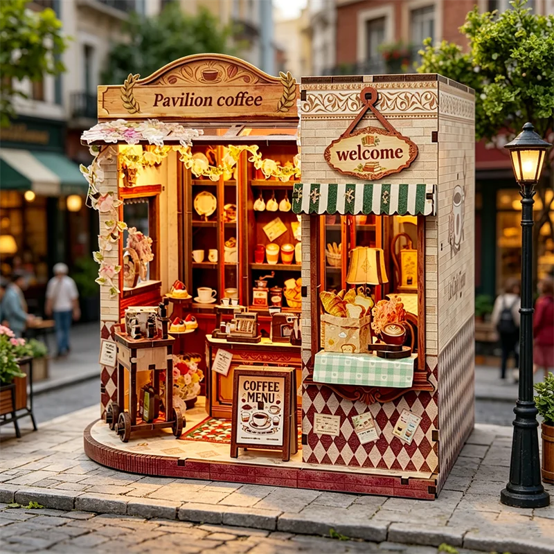 

DIY Wooden Miniature Model Kits Pavilion Coffee Casa 3D Puzzle Dollhouse With Furniture Lights for Friends Birthday Gifts