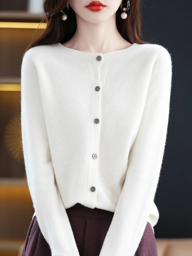 Autumn New Chic Women Basic O-neck Cardigan 100% Merino Wool Sweater Soft Grace Knitwear Coat Female Clothes Tops