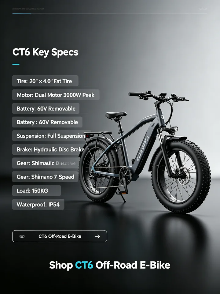 COASTA CT6  Dark Gray Frame 20Inch Fat Tire Electric Bike Dual Motor Full Suspension E Bicycle 3000W Peak 60V Removable Battery Hydraulic Disc Brake Shimano 7‑Speed LCD Display LED Headlight Max Load 150KG For Snow Beach Mountain Off‑Road Riding image 6