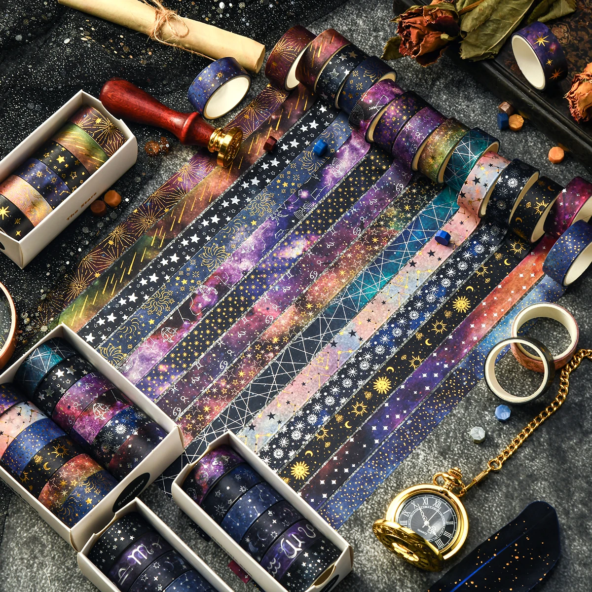 12-Roll Retro Starry Sky Washi Tape Set, 2M Long / 1.5CM Wide, Stationery Supplies and Gift Decoration, A Gift for Friends view 3