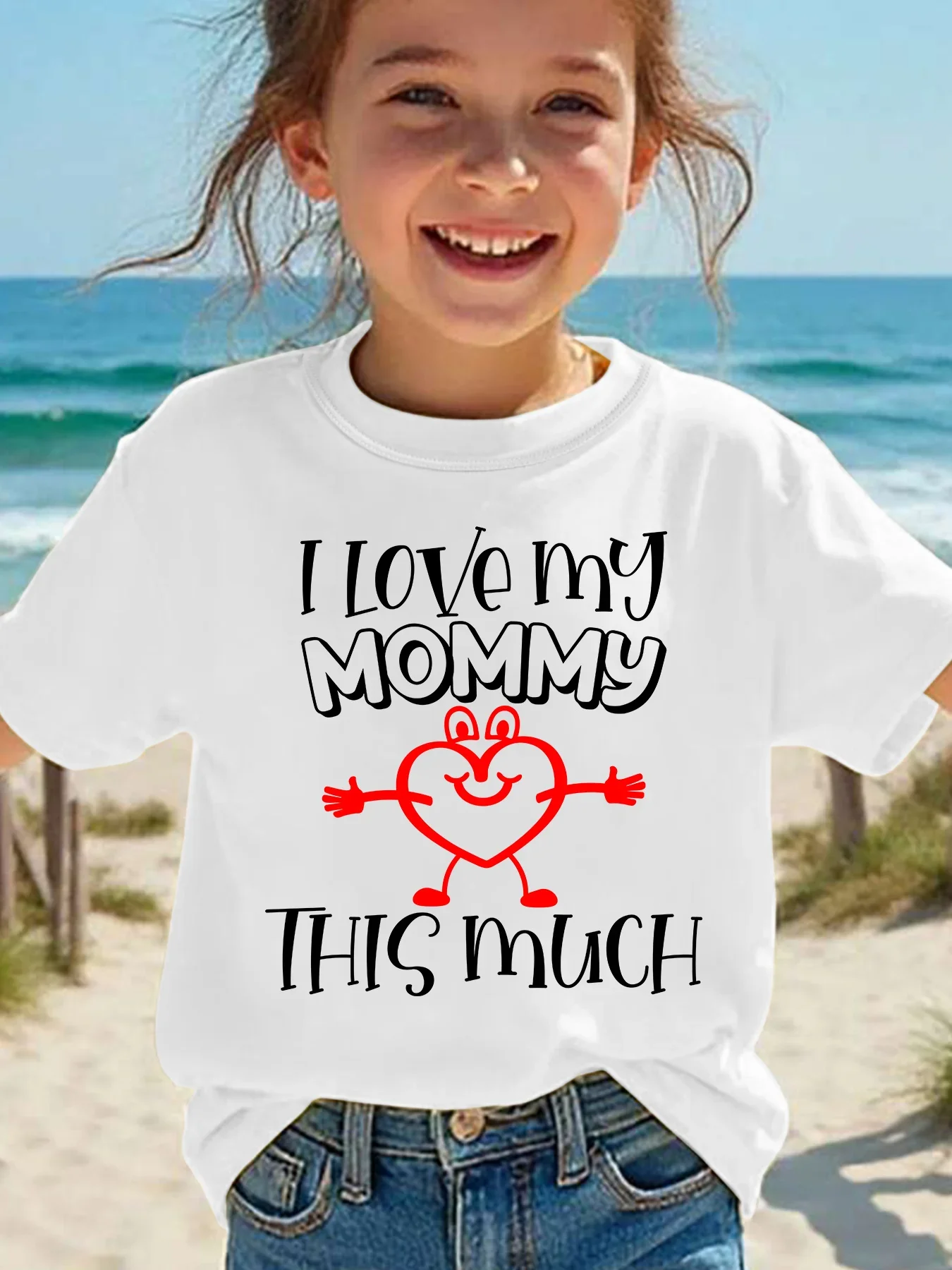 Kids Mommy Love Slogan Printed T Shirt I Love My Mommy This Much Smiley Heart Graphic Little Girls Family Daily Wear Top
