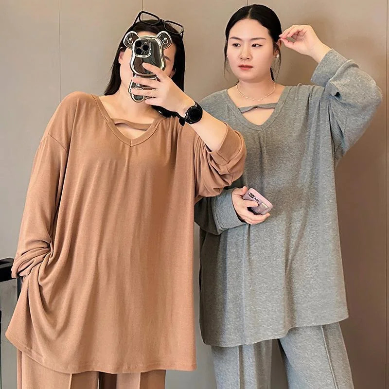 

Комплект домашней одежды больших размеров для женщин: повседневный костюм с длинным рукавом и V-образным вырезом, весенний комплект из двух предметов, удобные брюки с высокой талией