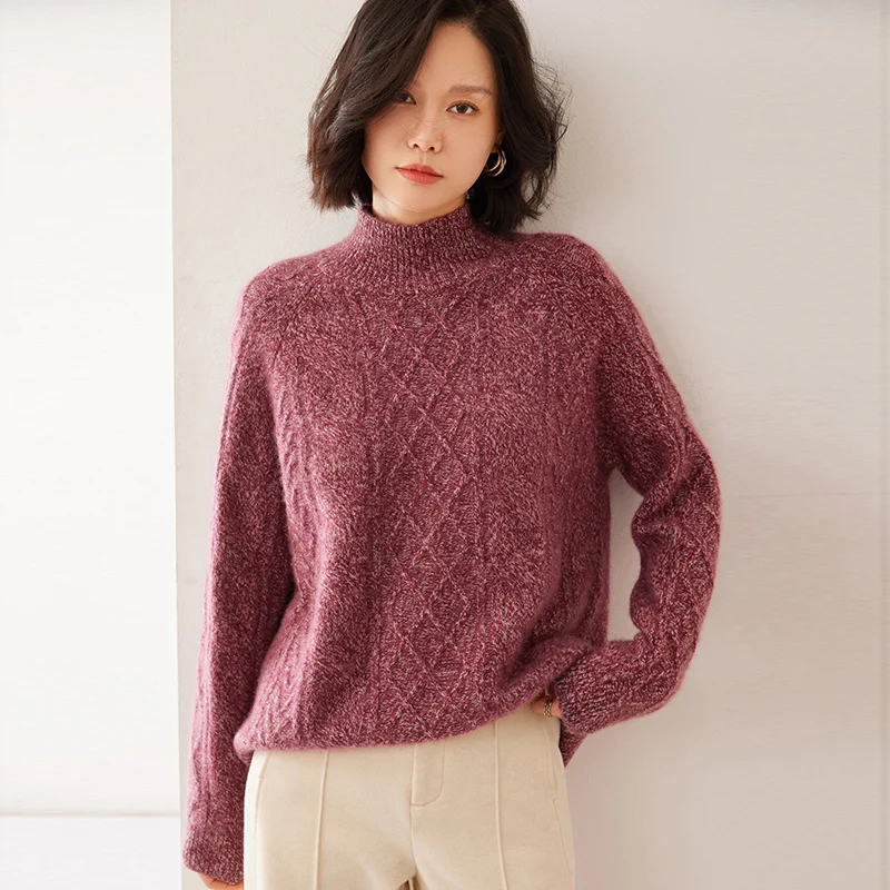 

100%Pure Cashmere Knitted Sweater Women Semi-High Neck Loose Large Size Pullover High-End Thicken Colored Yarn Long-Sleeved Tops