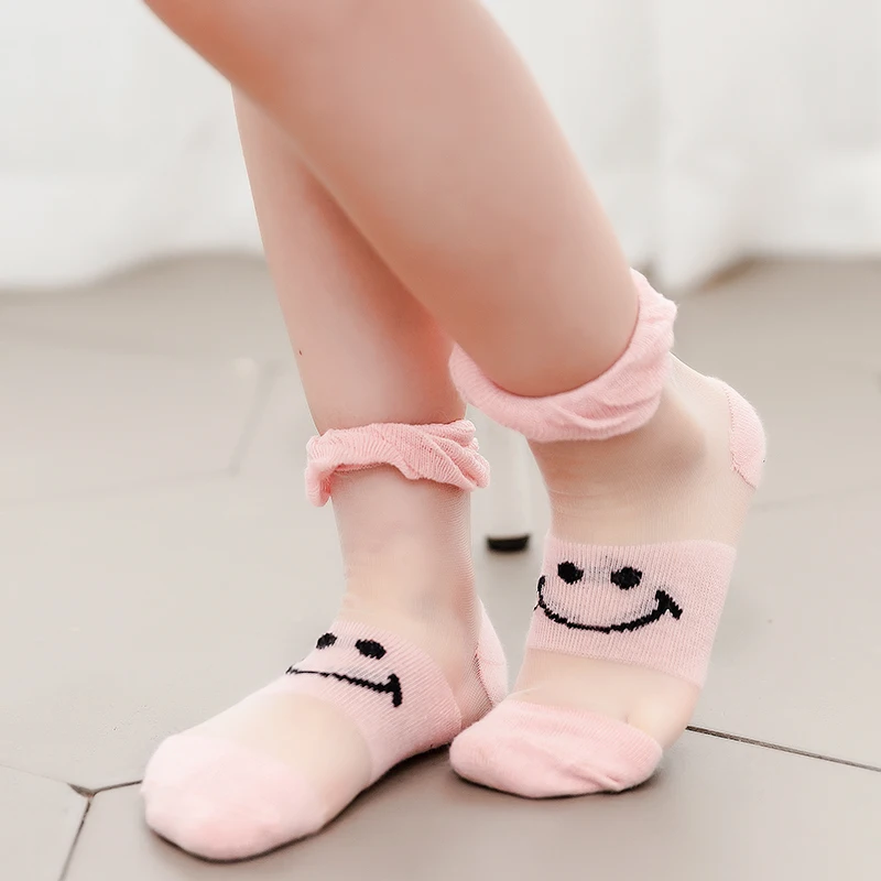 Children smile face ice silk pile stockings girl summer breathable cute super cute princess short socks baby summer tube socks