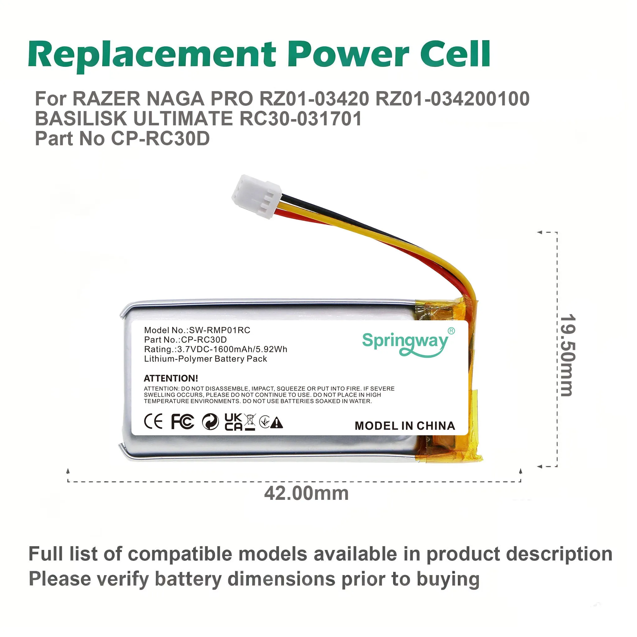 1600mAh 3.7V Li-Po Replacement Battery CP-RC30D SW-RMP01RC For Razer Naga Pro RZ01-03420 Basilisk Ultimate RC30-031701 - view 2