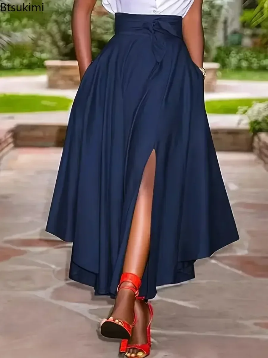 New Women's Fashion Elegant Split Hem Skirts Irregular Design Pleated Maxi Skirt High Waist Solid Lace-up Party Long Dress Femme