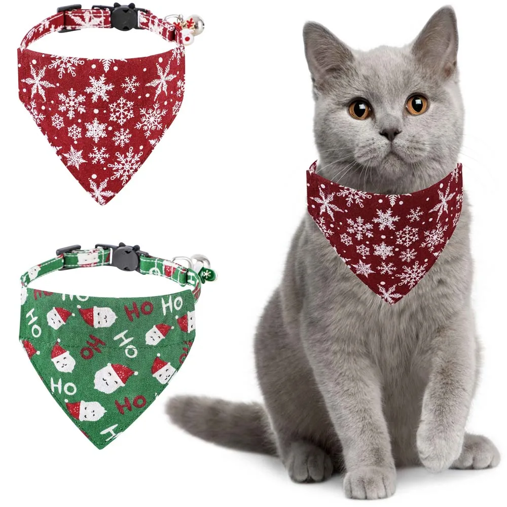 100% Cotton Christmas Cat Collar with Detachable Bowtie Tiny Bell Kitten Collars Pet Accessories Cat Bandana Santa Claus Printed