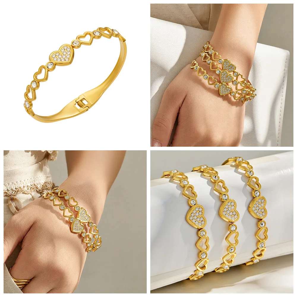 Öffnbare Stretch-Armreifen, Hohlherz-Armreif, 316L Edelstahl-Armband, 18k vergoldet mit CZ, Manschettenarmbänder für Frauen – Detail 1