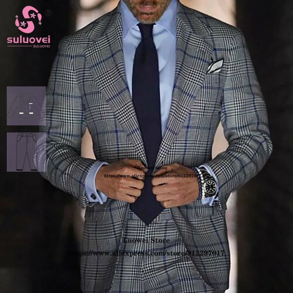 

Elegant Plaid Nig Notch Lapel Suits For Men Slim Fit Business 2 Piece Jacket Pants Set Formal Grooms Wedding Prom Tuxedos Blazer