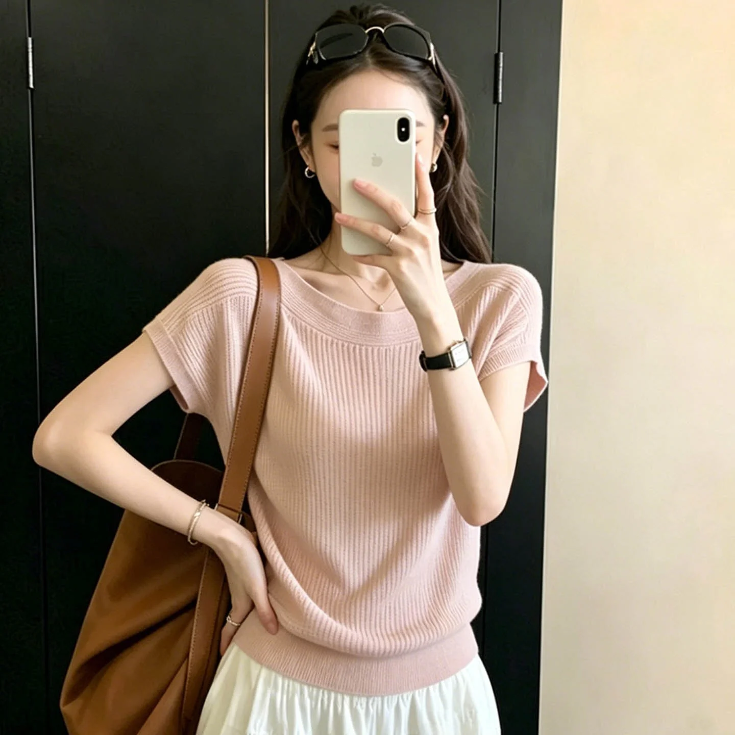 

Pink Knitted Short Sleeve Women's Top Slimming Versatile Beautiful Korean Style Self-Keeping Summer New Arrival Breathable