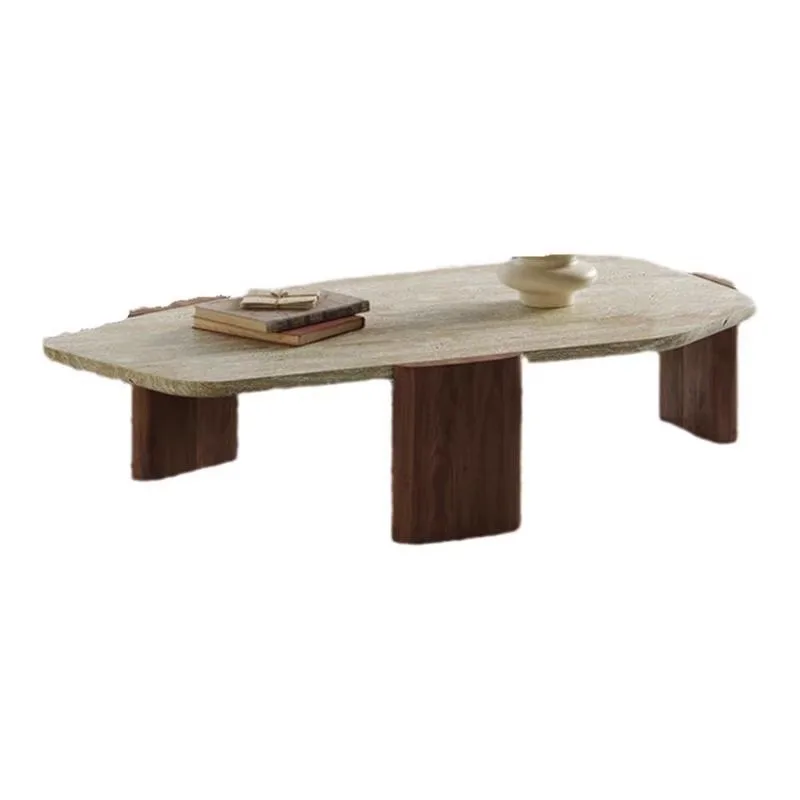 

Wabi Sansan wind solid wood coffee table cave stone small apartment living room B & B retro special-shaped marble edge corner co