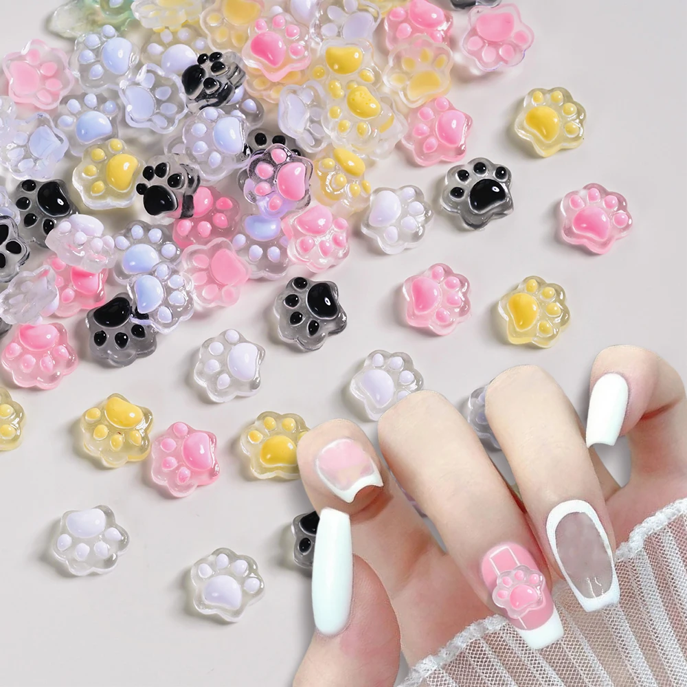50 pièces 3D mixte glace transparente griffes de chat breloques pour ongles coloré dessin animé résine pattes de chat bijoux pour ongles rose enfants fournitures pour ongles
