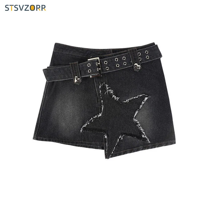 STSVZORR Y2K 2023 new summer women\'s retro stars denim half skirt high waist containing belt anti-slip A-line culottes
